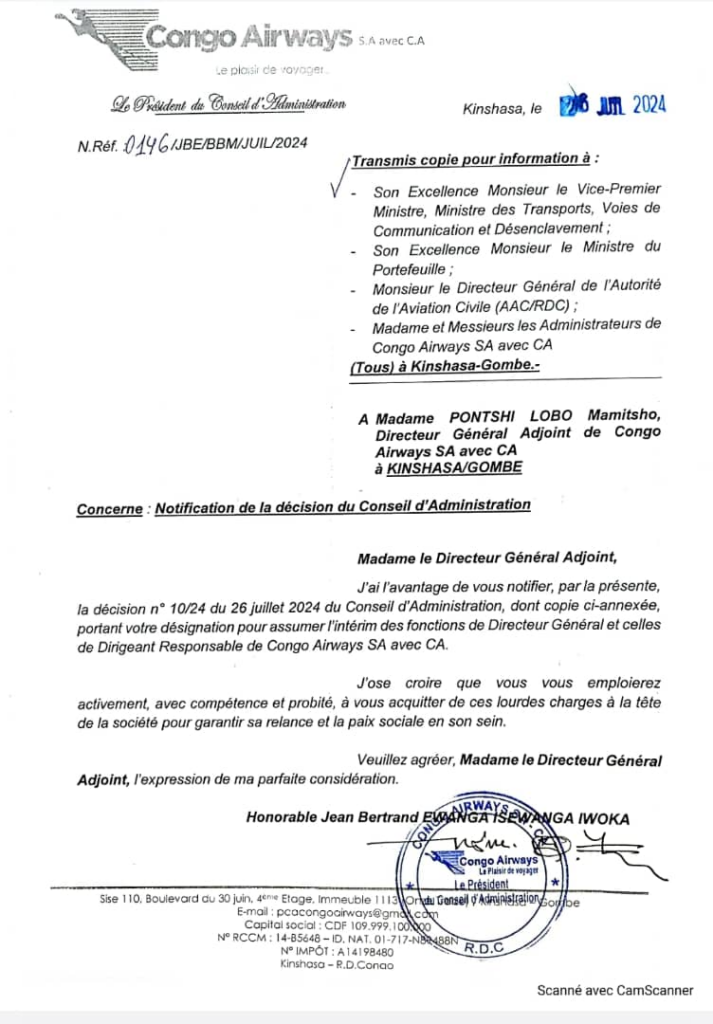 Notification de la decision du CA a la DGA de Congo Airways